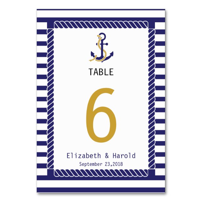 Numéro De Table Élégant Mariage Thème Marin Rayures Bleues (Dos)