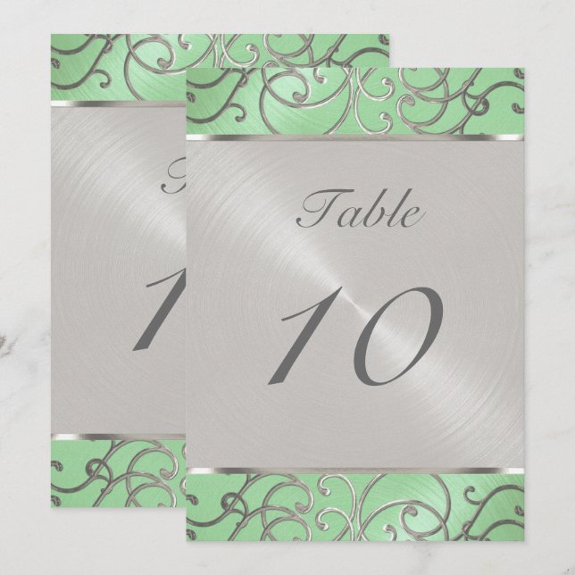 Numéro de table Elegant Mint Green Silver Filigree (Devant / Derrière)