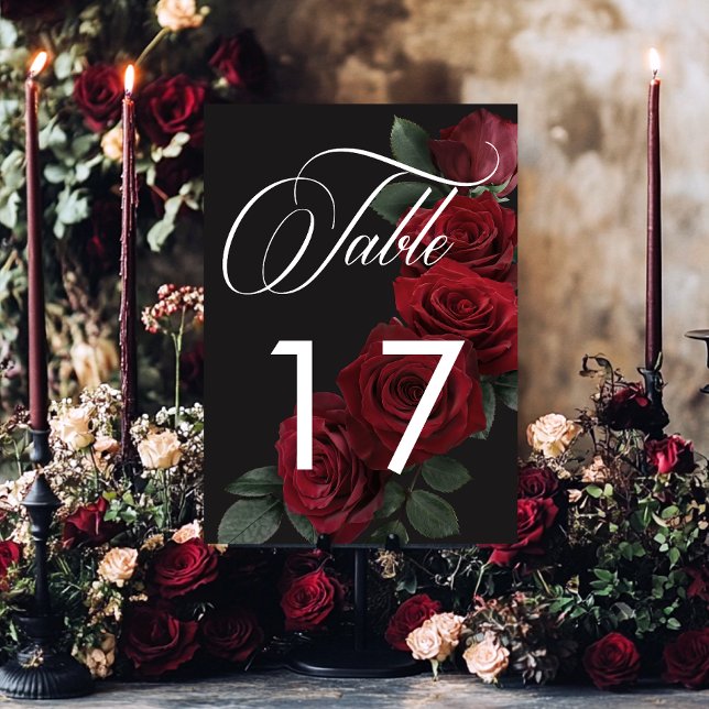 Numéro De Table Élégant Moody Blood Red Roses Floral (Elegant Moody Blood Red Roses Wedding Table Card Number)