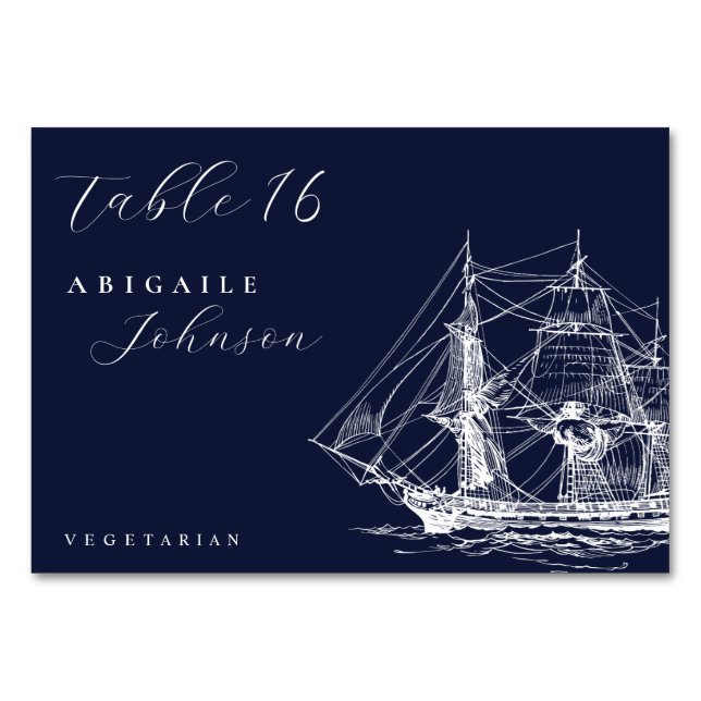 Numéro De Table Elégant navire nautique Mariage bleu marine (Devant)