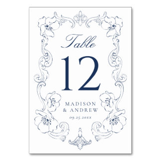 Numéro De Table Elegant Navy Ornate Floral Frame Wedding