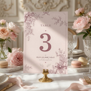Numéro De Table Élégant Nœud Papillon Rose Fleurie Anniversaire