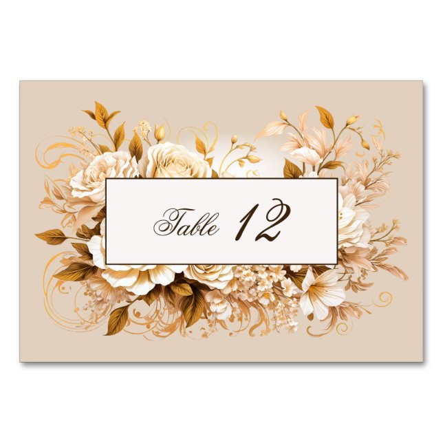 Numéro De Table Élégant or et Mariage floral ivoire (Devant)