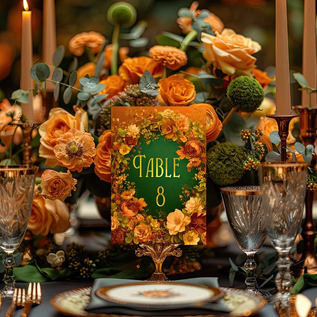 Numéro De Table Elégant Orange Gold & Green Druid Hill Mariage (Floral Celtic Arch Gold and Green Wedding Table Number )