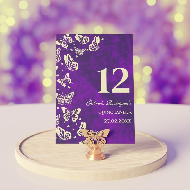 Numéro De Table Elégant Papillon en or violet Quinceañera Siège (Elegant Purple Gold Butterfly Quinceañera Seating Table Number)