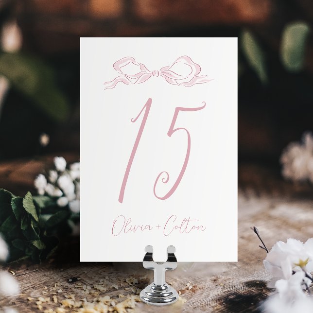 Numéro De Table Élégant Pastel Pink Mariage de la main tiré (Elegant Pastel Pink Hand Drawn Bow Wedding Table Number)