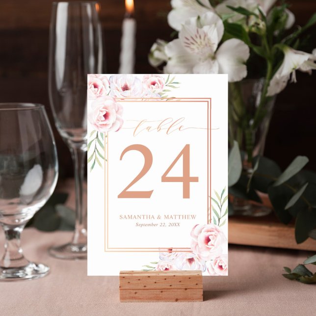 Numéro De Table Elégant Rose d'aquarelle rose Floral Mariage or (Elegant pink watercolor floral table number for your reception decor features rose gold frame.)
