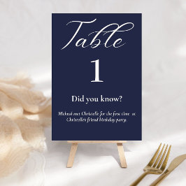 Numéro De Table Élégant script bleu marine Fun facts mariage