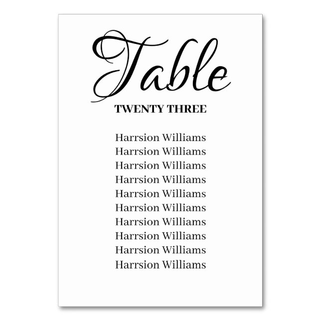 Numéro De Table Élégant script noir blanc Mariage de texte personn (Par défaut)