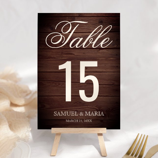 Numéro De Table Élégant Script Rustic Wood Mariage (Créateur téléchargé)