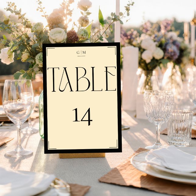 Numéro De Table Elegant Serif Black Cream Monogram Table Number (Créateur téléchargé)