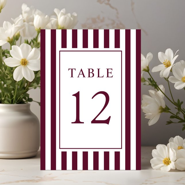 Numéro De Table  Elegant Striped Burgundy Wedding (Elegant Striped Burgundy Wedding Table Number)