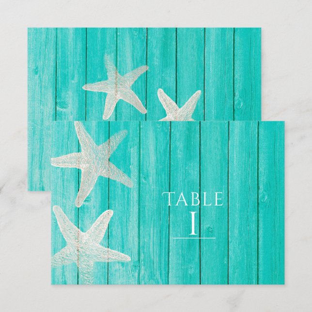 Numéro de table élégant Teal Wood & Starfish Beach (Devant / Derrière)