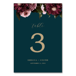 Numéro De Table Élégant Turquoise foncé Bourgogne Floral Mariage