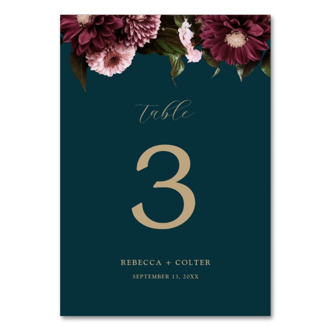 Numéro De Table Élégant Turquoise foncé Bourgogne Floral Mariage (Par défaut)