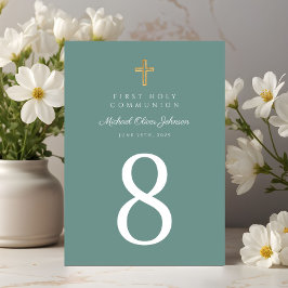Numéro De Table Elégant Vert Croix Religieuse Garçon Première Comm