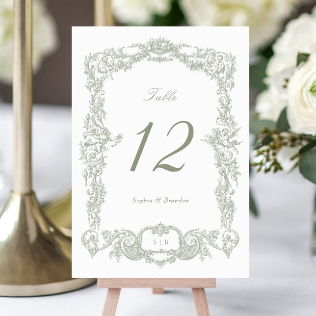 Numéro De Table Elégant Vintage Baroque Floral Frame Sage Vert (Créateur téléchargé)