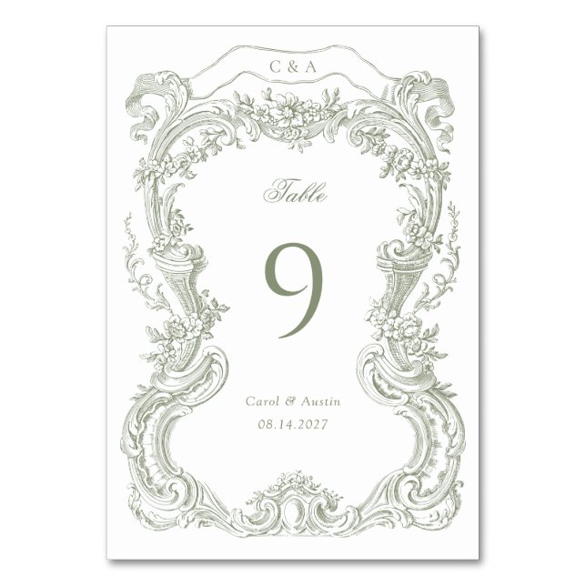 Numéro De Table Elégant Vintage Floral Mariage Toile vert (Par défaut)