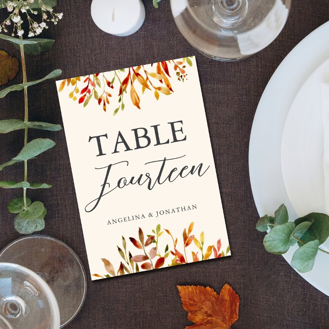Numéro De Table Elégante aquarelle Feuilles d'automne Mariage d'au (Créateur téléchargé)