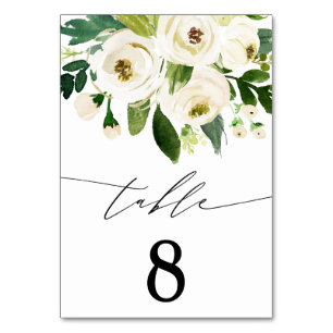 Numéro De Table Elégante aquarelle Fleurs blanches Verdure Mariage