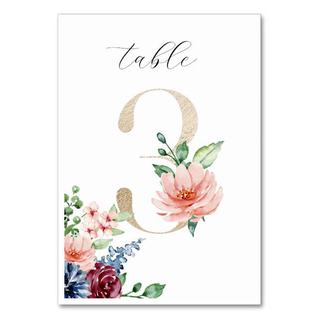 Numéro De Table Elégante aquarelle Florals Faux Gold Mariage 3 (Par défaut)