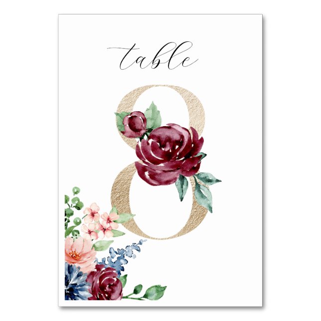 Numéro De Table Elégante aquarelle Florals Faux Gold Mariage 8 (Par défaut)