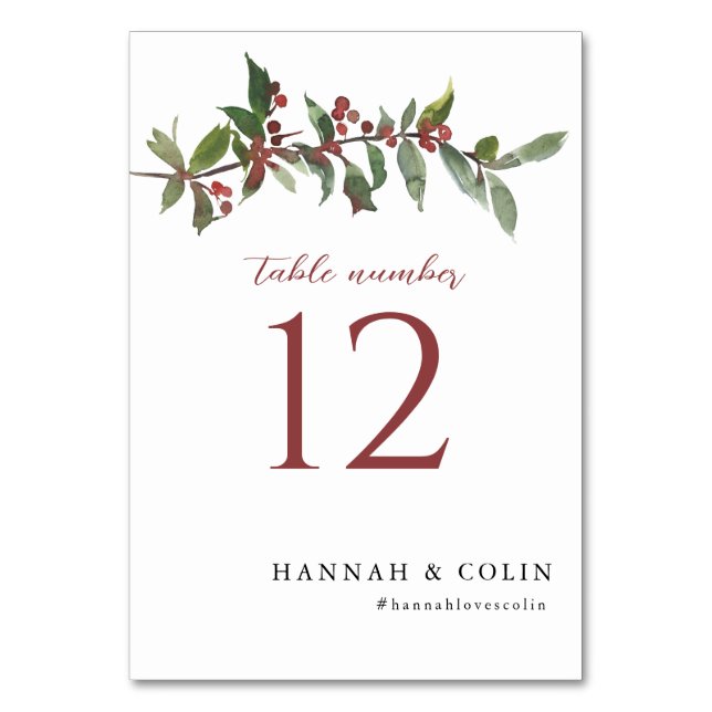 Numéro De Table Elégante Baies d'hiver Rouge Vert Aquarelle (Par défaut)