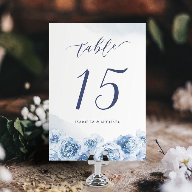 Numéro De Table Elégante calligraphie bleu aquarelle mariage flora (Elegant calligraphy blue watercolor floral wedding table number)