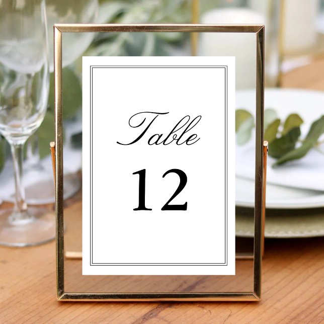 Numéro De Table Élégante Calligraphie de Mariage Script Classique  (Elegant white script table numbers guide guests with classic style at wedding receptions.)