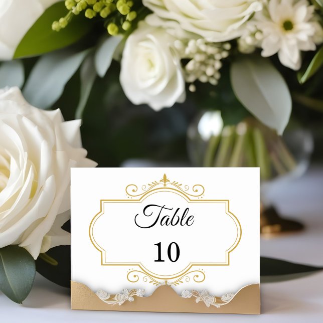 Numéro De Table Elégante Filigree or sur blanc, Mariage (Créateur téléchargé)
