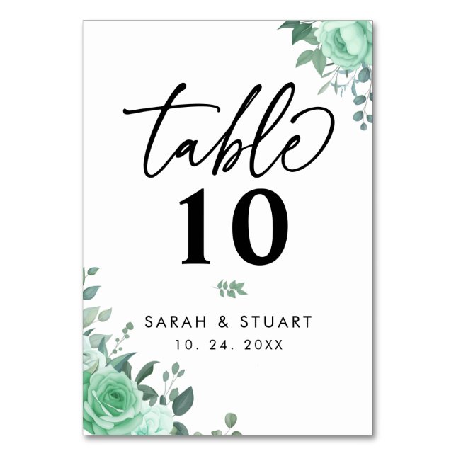 Numéro De Table Élégante Fleurs vertes Script Mariage (Par défaut)