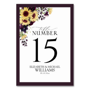 Numéro De Table Elégante Plum Purple Sunflower Aquarelle Réception