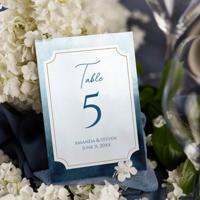 Numéro De Table Elégante Réception de mariage bleu (Blue wedding reception table number sign)