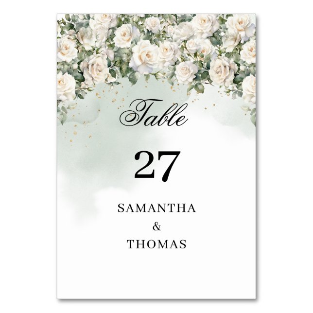 Numéro De Table Elégante Roses Blanches Jardin Floral verdure (Par défaut)