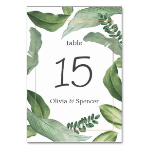 Numéro De Table Elégante verdure tropicale verte. Mariage naturel