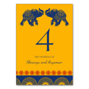 Numéro De Table Eléphants à thème indiens en Mariage bleu royal