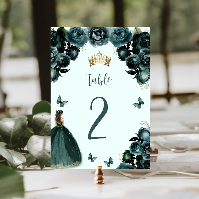 Numéro De Table Emerald Green Floral Princess Quinceañera (Créateur téléchargé)