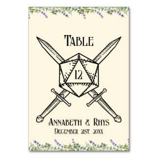 Numéro de table épée florale bleue inspiré de D20
