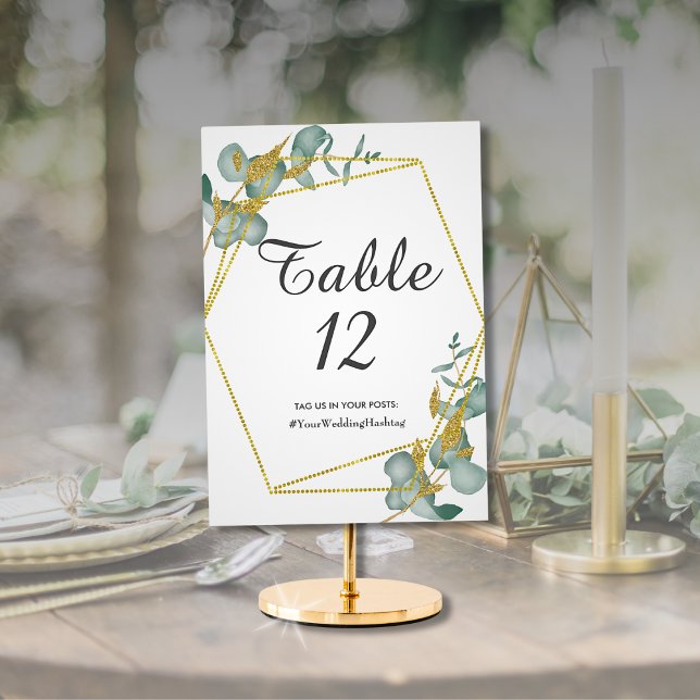 Numéro De Table Eucalyptus Or Feuillage Pailleté Or Mariage Hashta (Eucalyptus Gold Glitter Foliage Wedding Greenery Botanical Theme Wedding Table Decor)