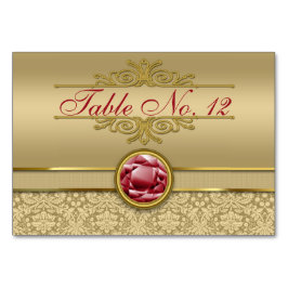 Numéro De Table Faux Dark Ruby Red Gemstone Metallic Gold Damask
