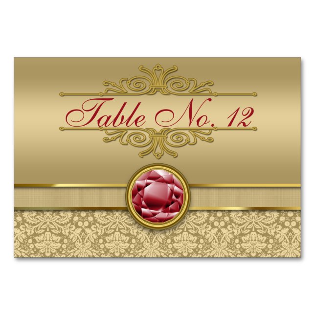 Numéro De Table Faux Dark Ruby Red Gemstone Metallic Gold Damask (Devant)