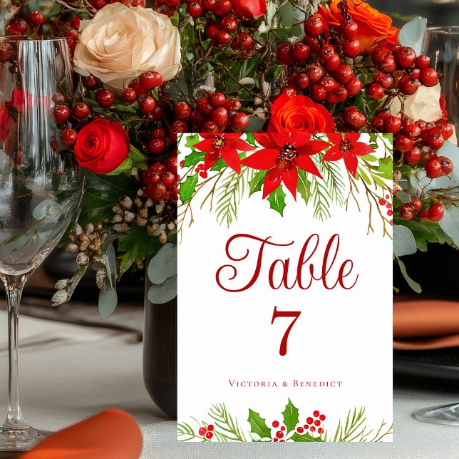 Numéro De Table Festif Rouge Poinsettia Floral Mariage de vacances (Créateur téléchargé)