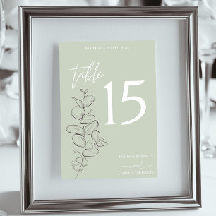 Numéro De Table Feuille minimaliste dessiné à la main mariage vert