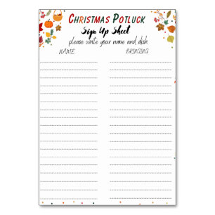 Numéro De Table Fiche d'inscription de Noël Potluck, formulaire Po