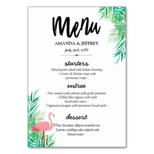 Numéro De Table Flamant rose d'aquarelle et Palm Feuille Menu Mari