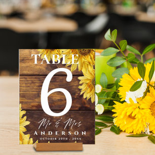 Numéro De Table Fleur de soleil rustique Fête de mariage jaune bri