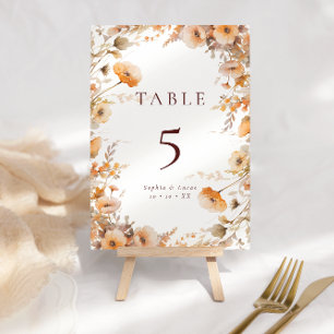 Numéro De Table Fleur sauvage d'automne orange et Mariage Brown