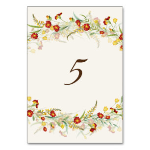 Numéro De Table Fleur sauvage Jaune Marigold Mariage de feuillage