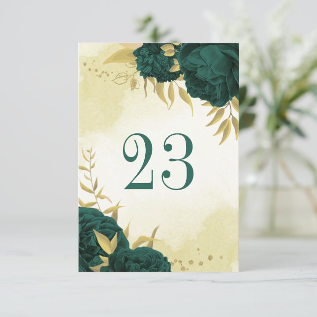 Numéro de table fleurie en or vert émeraude (Debout devant)