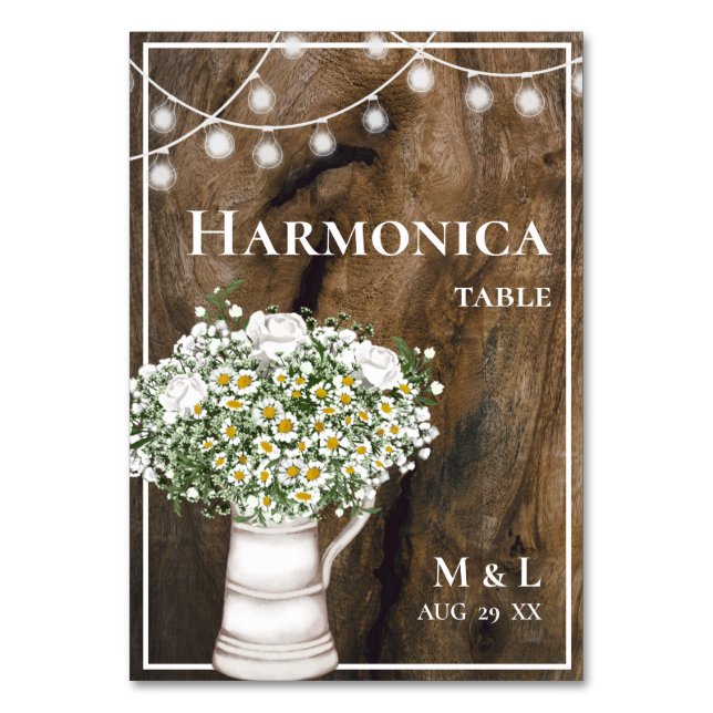 Numéro De Table Fleurs blanches en bois rustique Lumières Harmonic (Par défaut)